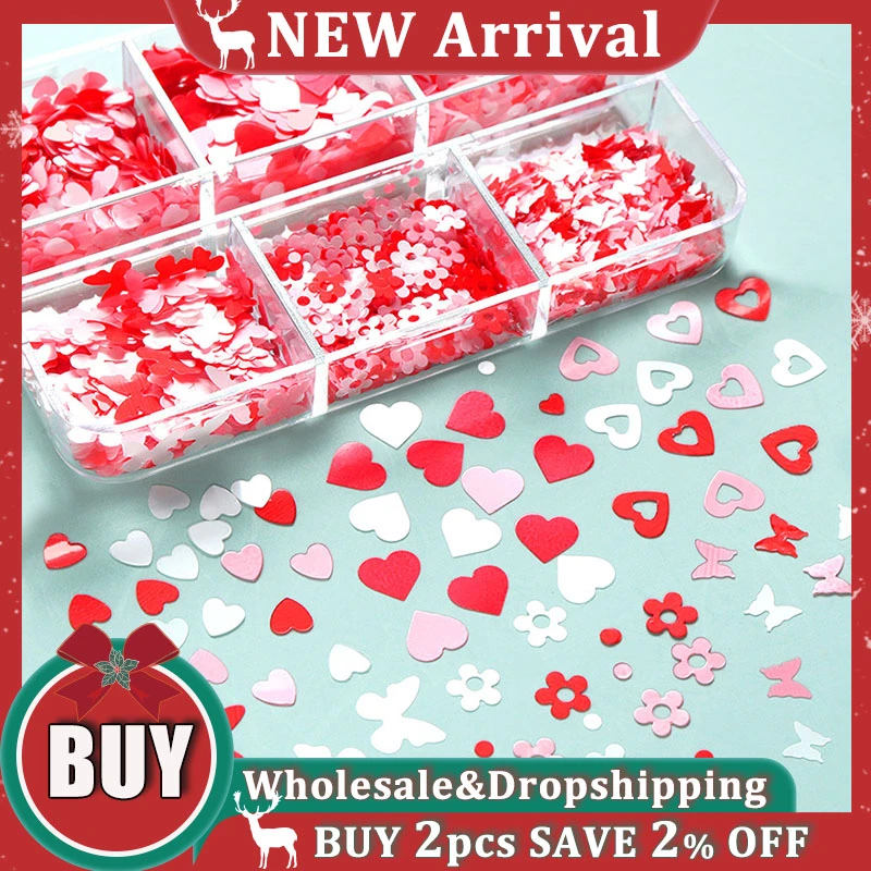 

Блестки для ногтей с сердечками, бабочками, 6 жилет, разные размеры, День Святого Валентина, лазерные блестящие декоративные хлопья для маникюра, аксессуары для творчества и дизайна ногтей