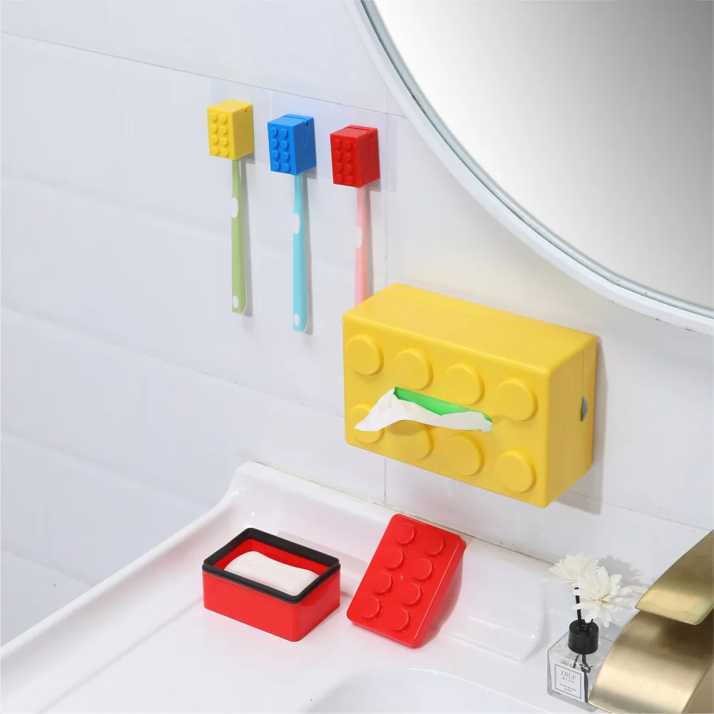 Creative Plastic Building Block Shaped Toothbrush Holder Children Toothbrush Storage Rack Dust Waterproof Wall Hook