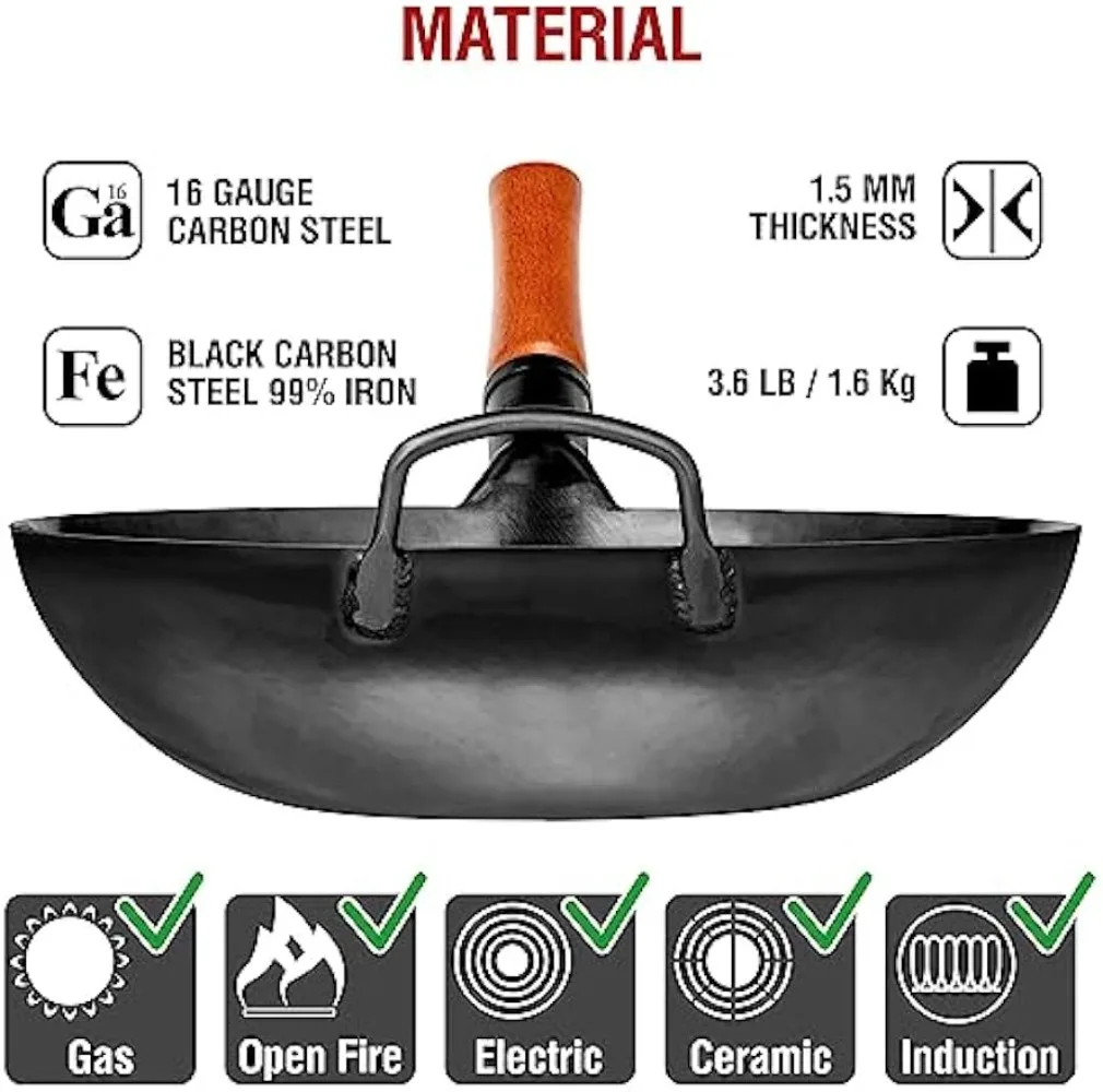 11,8-inch Pre-Seasoned Black Carbon Steel Wok Flat Bottomed