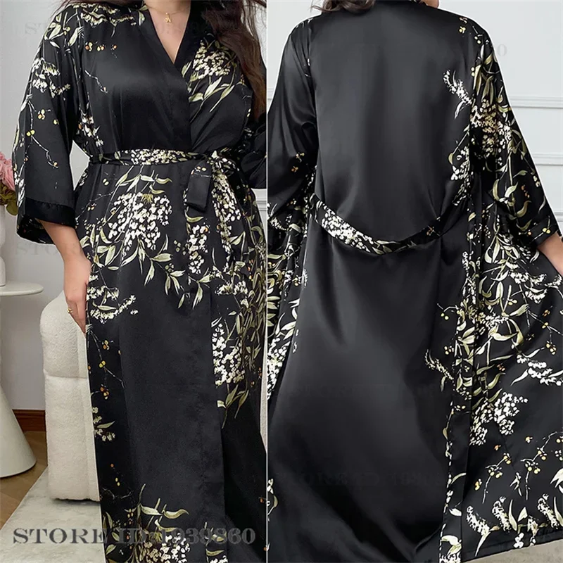 Female Robe Set Nightgown Print Cherry Long Kimono Bathrobe Gown Sleepwear 2Pcs 3XL 4XL 5XL women dress,women sleepwear,bride robes,silk robe,sleepwear pajamas
