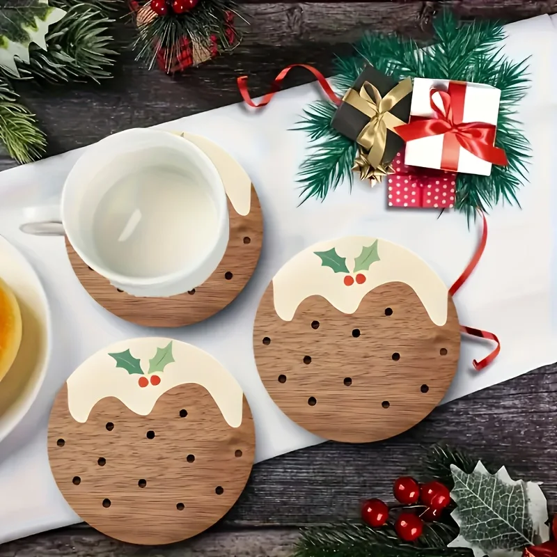 4pcs Retro Wooden Coaster Cookies Pies Cartoon Pattern Anti-scald Wooden Cup Mats Home coffee Cups Decor Christmas Gift
