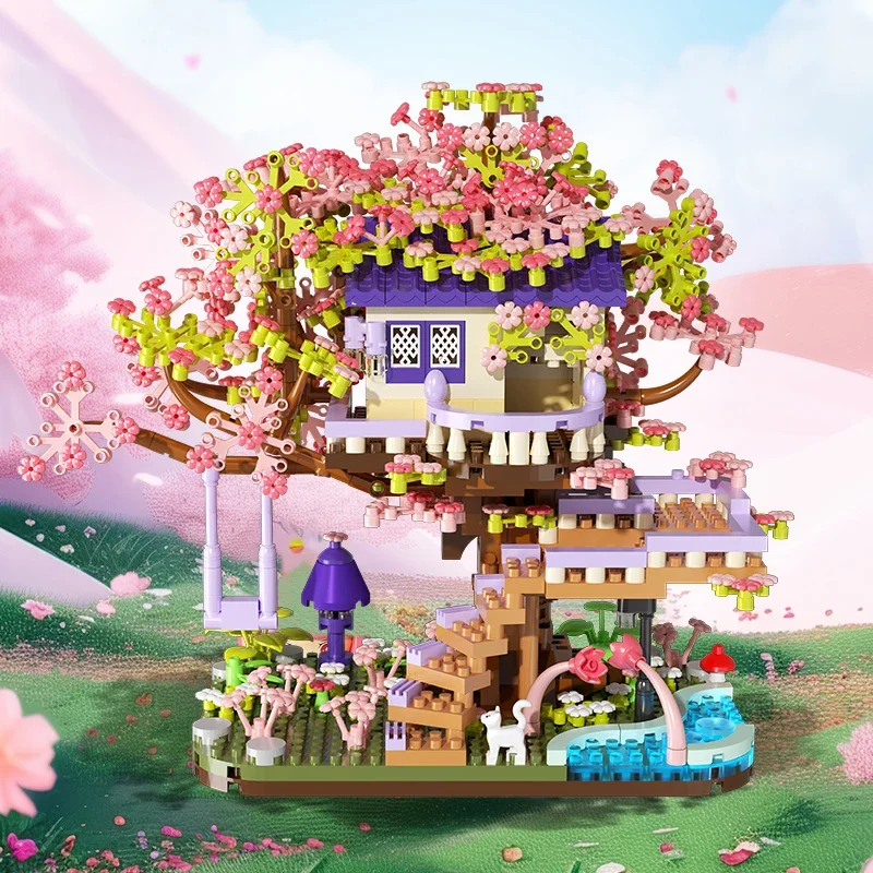 DIY Sakura Treehouse Building Blocks Set Diy Cherry Blossom Bricks Tree Model Ornament Romantic Christmas Gift for Girlfriend