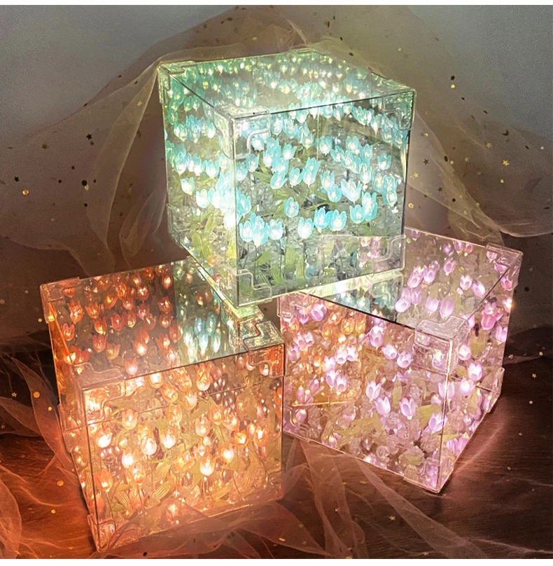 DIY Tulpenlampe, dreidimensionale transparente Cuby-Nachtlichtlampe und Spiegel, 2-in-1-Jubiläumsgeschenke für Paare, Schlafzimmerdekorationen – Detail 7