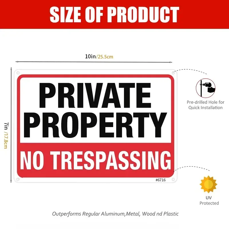 Private Property No Trespassing Sign - Durable Rust-Free Aluminum, 20x30 cm, Indoor & Outdoor Use