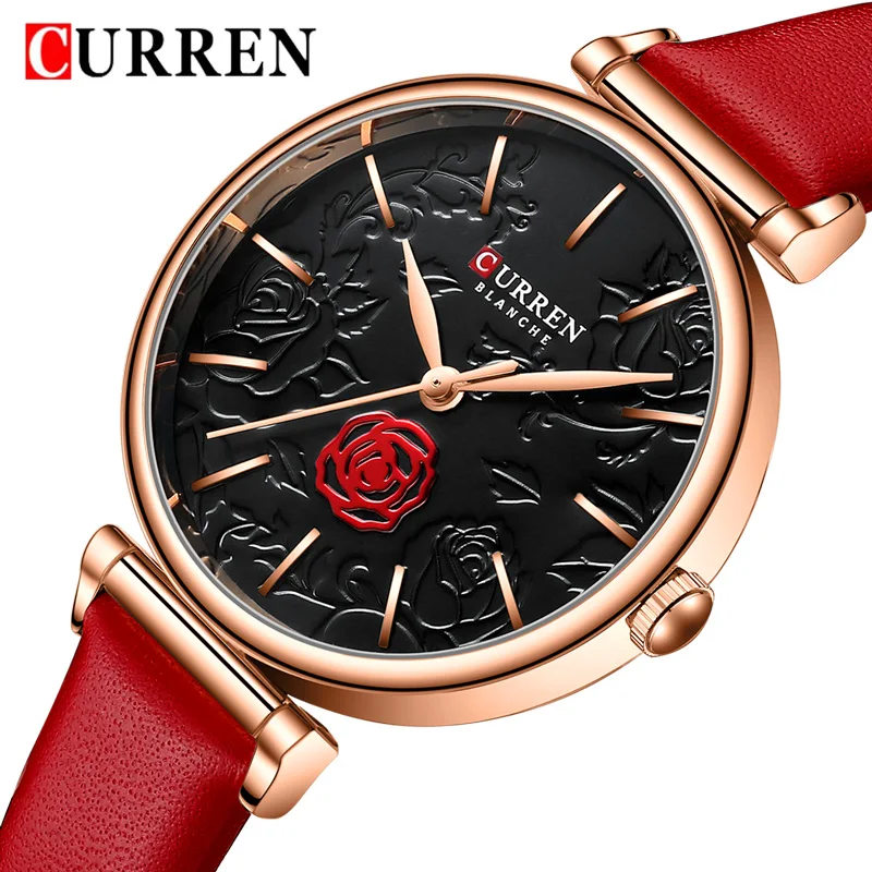 CURREN Women Watch Top Brand Luxury Female Waterproof Clock Red Genuine Leather Bracelet Fashion Flower Ladies Wristwatch 9078 4