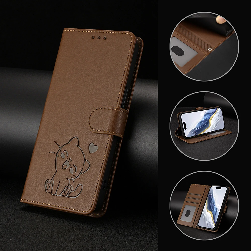 Adorable Cat Design Leather Wallet Phone Case with Stand and Card Slots
