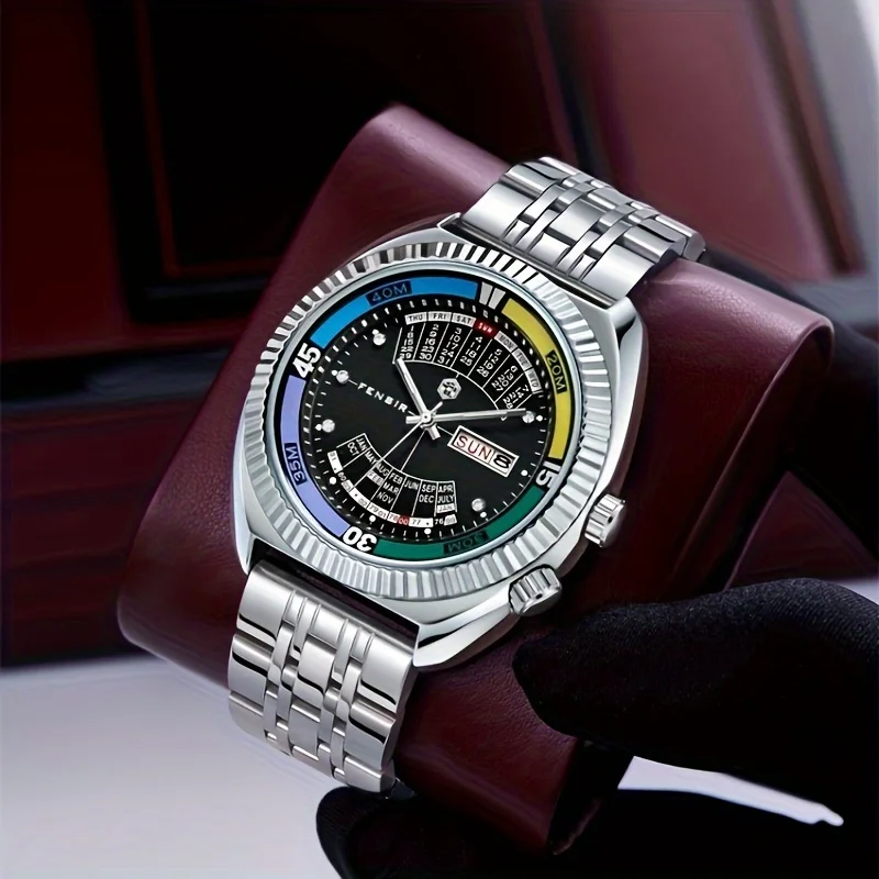 Luxury Men's Dual Calendar Waterproof Steel Wristwatch - European & American Style Fashion, Perfect for Business Casual, Unique Trendy Design, Ideal Gift for Him
