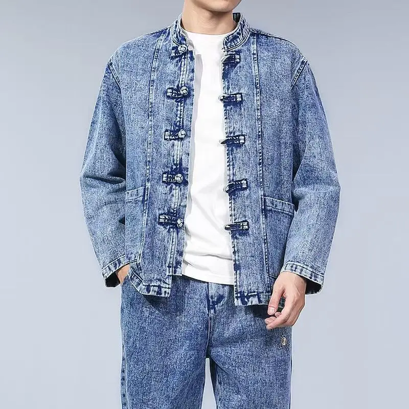 Hanfu Costume Chinese Style Men Cowboy Sets Male Trend Spring Autumn Loose Version Long Sleeve Tang suit Denim Jacket+Jeans