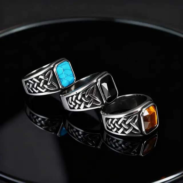 92783-2eb103.jpg Bagues ethniques Vintage à nœud Viking pour hommes, chevalière carrée en pierre naturelle en acier inoxydable, bijoux Punk à la mode