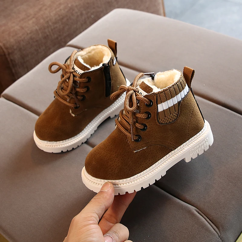 

New Baby Plush Boots Winter 2023 Children boy's Velvet Thickening Brown Boots Girls With Black Cotton Boots Size 21-30