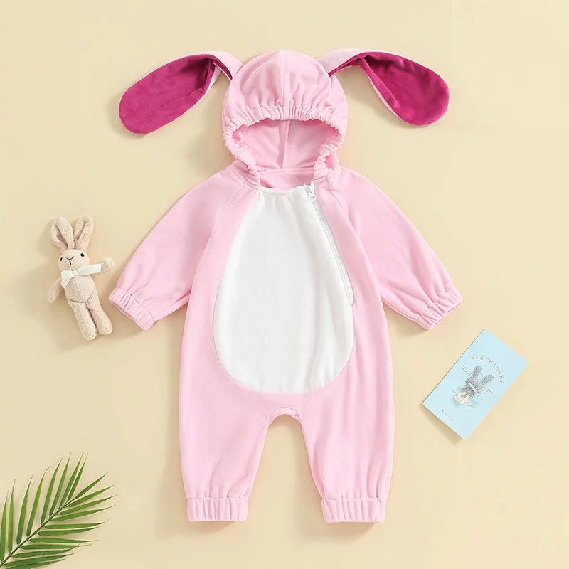 

Toddler Girls Boys Romper Bunny Ears Hooded Zipper Long Sleeve Spring Toddler Jumpsuit Playsuit Easter Clothes 6M-4Y