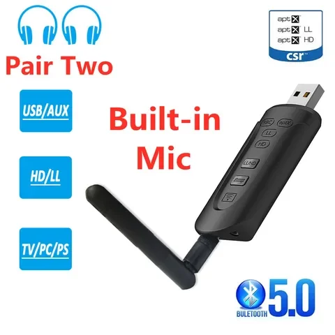

Bluetooth 5.0 Audio Transmitter CSR8675 AptX HD Low Latency 3.5mm AUX USB Dongle Wireless Adapter & Mic for TV PC PS4 Headphones