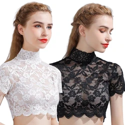 Women Turtleneck Detachable Collar Floral Lace Short Sleeve Half Shirt Dickey Dropship