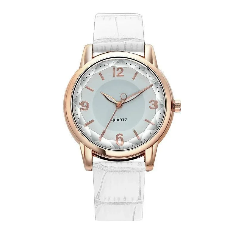 Women's Luxury Leather Strap Quartz Watch with Polygon Glass Dial