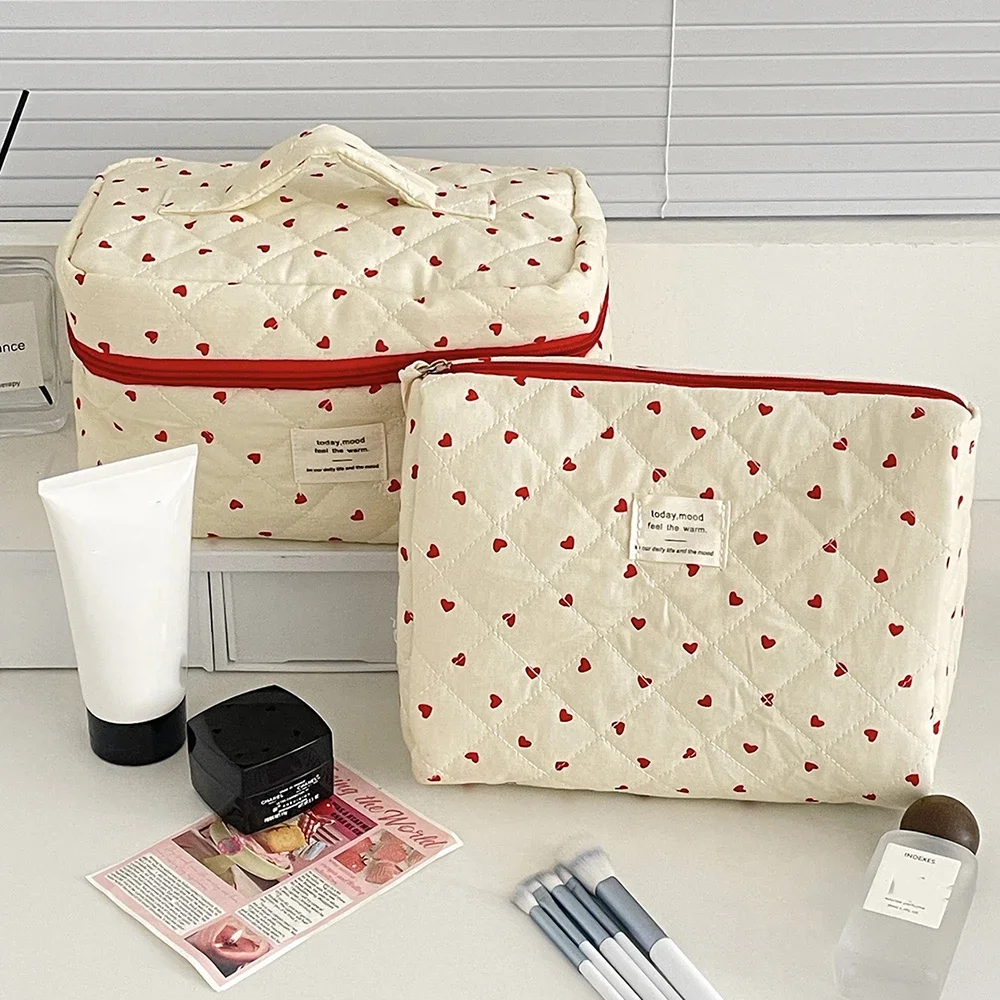 Fashion Ins Heart Women Quilting Makeup Bag Large Capacity Toiletry Cosmetic Storage Pouch Handbag Ladies Zipper Makeup Bag