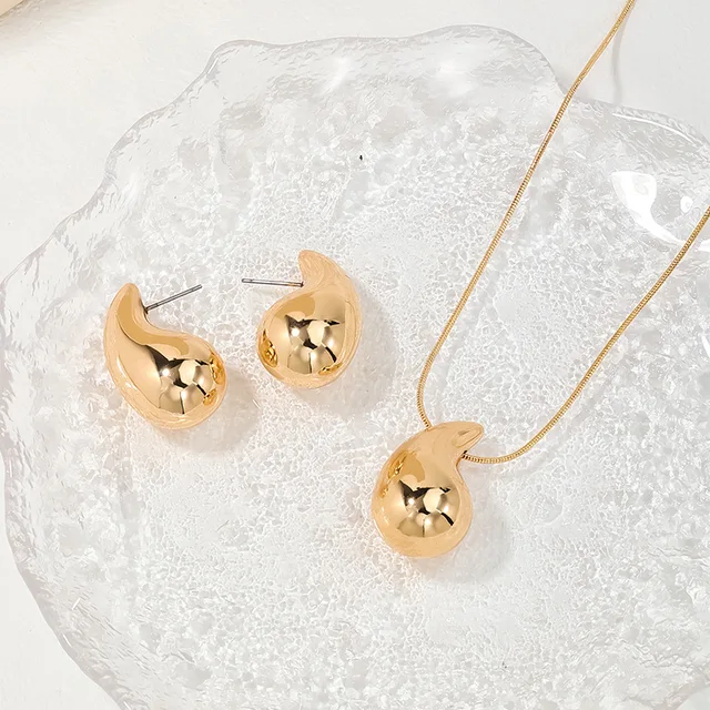 Water Drop Shape Jewelry Set 2 Pcs Necklace Stud Earrings For Women Gold Silver Color Zinc Alloy Simple Style Woman Jewelry Gift 4