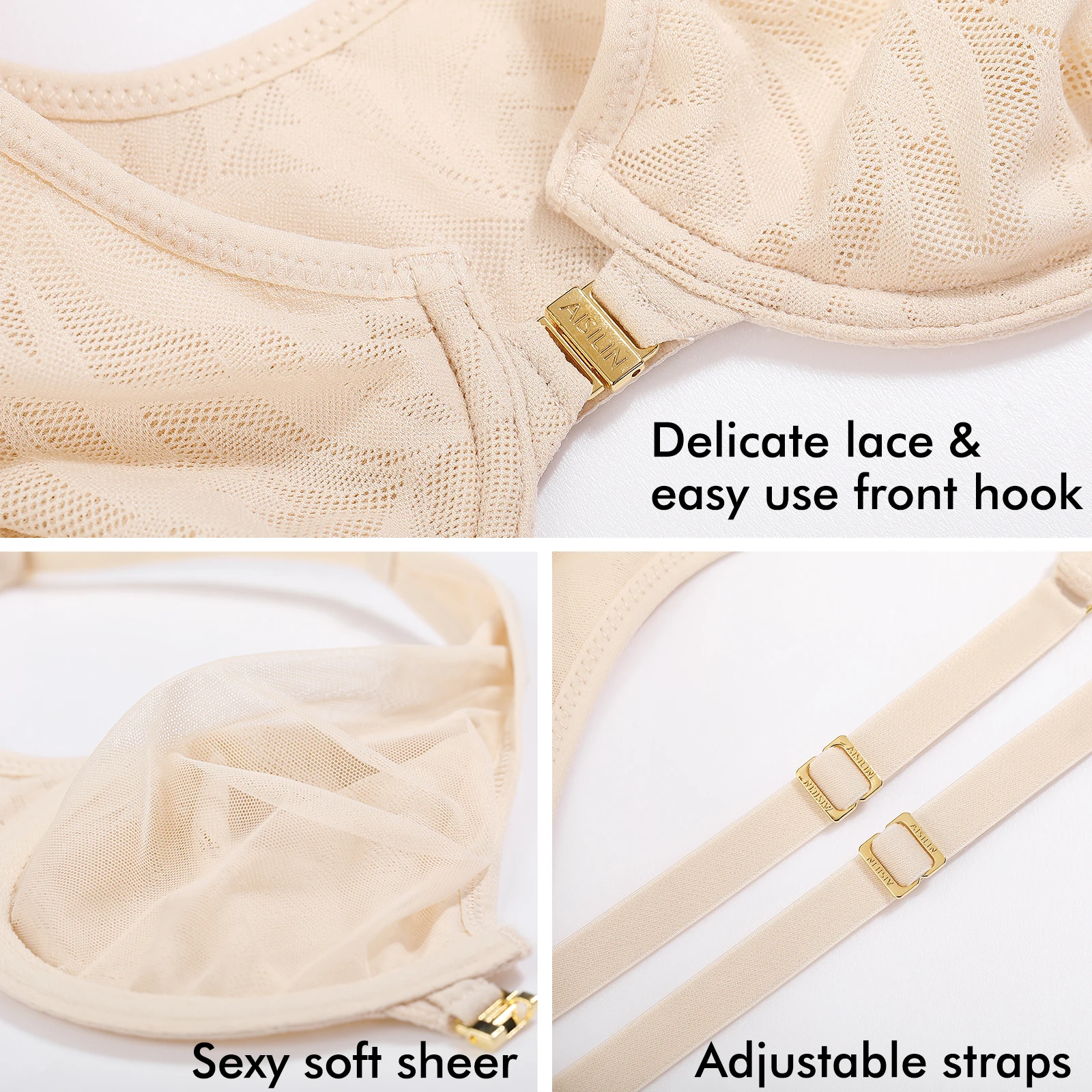 Women's Front Closure Bras Unlined Floral Lace Soft Plunge Sexy Underwire Plus Size Black Red Beige