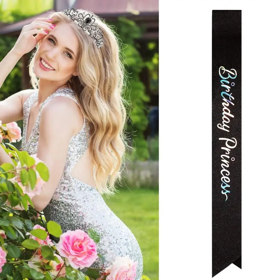 2-teiliges Set Glitzernde Strass-Kristall-Krone Tiara Geburtstags-Prinzessinnen-Schärpe Krone für Frauen Mädchen Geburtstagsparty Dekorations-Set – Detail 10