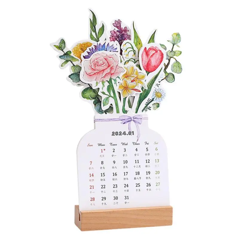 

Flowers Desk Calendar 2024 Standing Monthly Planner Vase-Design Calendar With Holder Tabletop Decorations Flower Theme Calendars