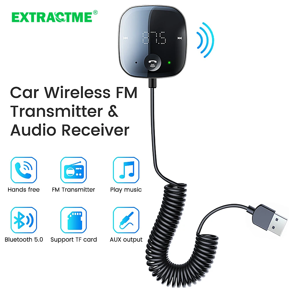Extractme Bluetooth 수신기 FM 변조기 차량용 어댑터 송신기 Bluetooth 5.0 무선 Aux 오디오 FM 송신기 핸즈프리 키트