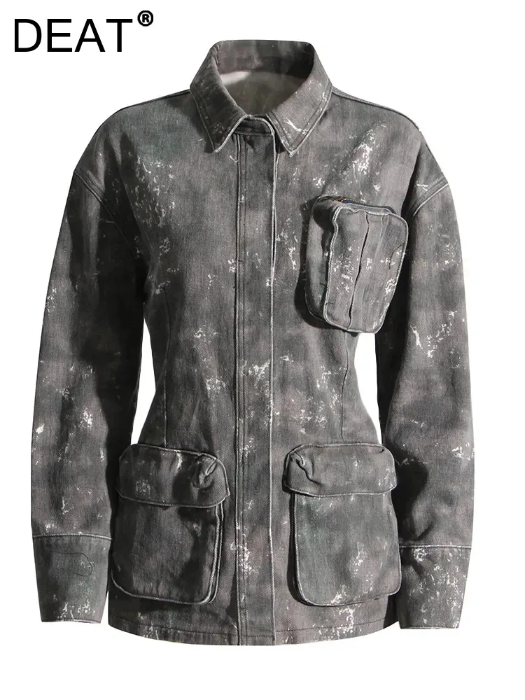

DEAT Women Denim Coat Lapel Camouflage Waist Spliced Multiple Pockets Cargo Style Jacket 2024 Spring American Streetwear 29L243