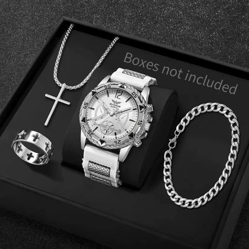 4PCS Fashion Arabic Dial Men Business Quartz Watch CasuSilicone Strap Wristwatch With Necklace Set Reloj Hombre (Without Box) - Image 8