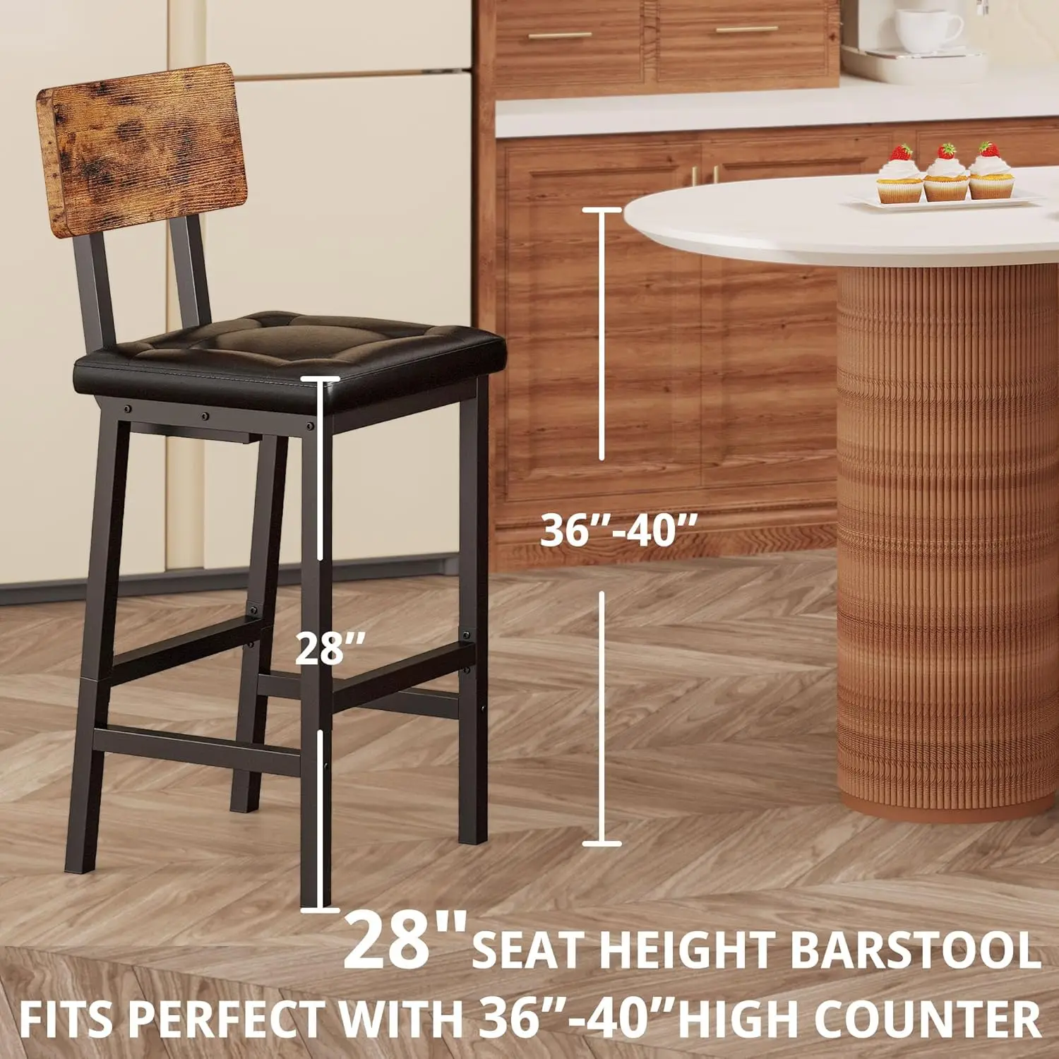 Bar Stools Set of 2, 16.5in Square PU Upholstered Barstools with Back and Footrest, Thick Cushion Stools