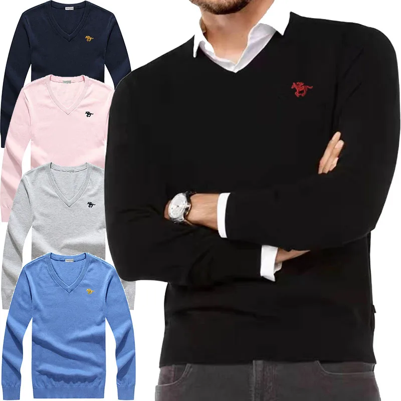 

Spring Men's Long Sleeve V-neck Sweater Pullover 100% Cotton Knitted Embroidered Horse Logo Sweater Solid Color Knitted Tops