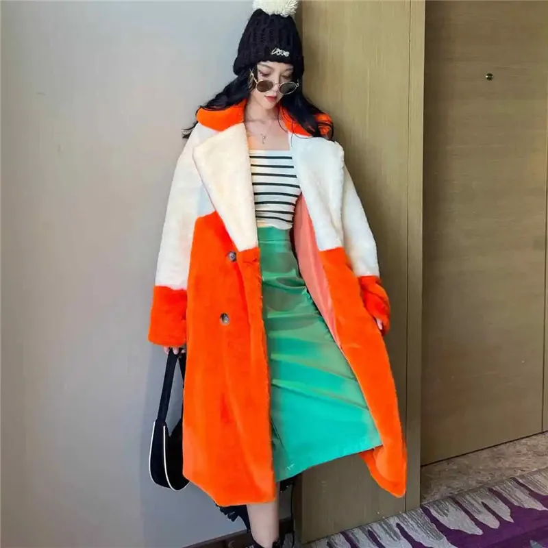 

Coat Women's Winter New Patchwork Color Fake Fur Lapel Double Breasted Thickened Mid-length Jacket Loose Female Clothing ZM106