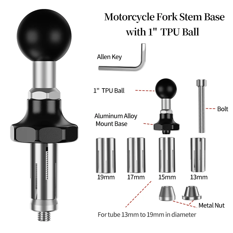 LOKTENWO CNC Aluminum Alloy 1'' Ball Base Mount On Motorcycle Front Fork Stem, Compatible With RAM Mounts B Size 1 Inch Ball Double Socket Arm