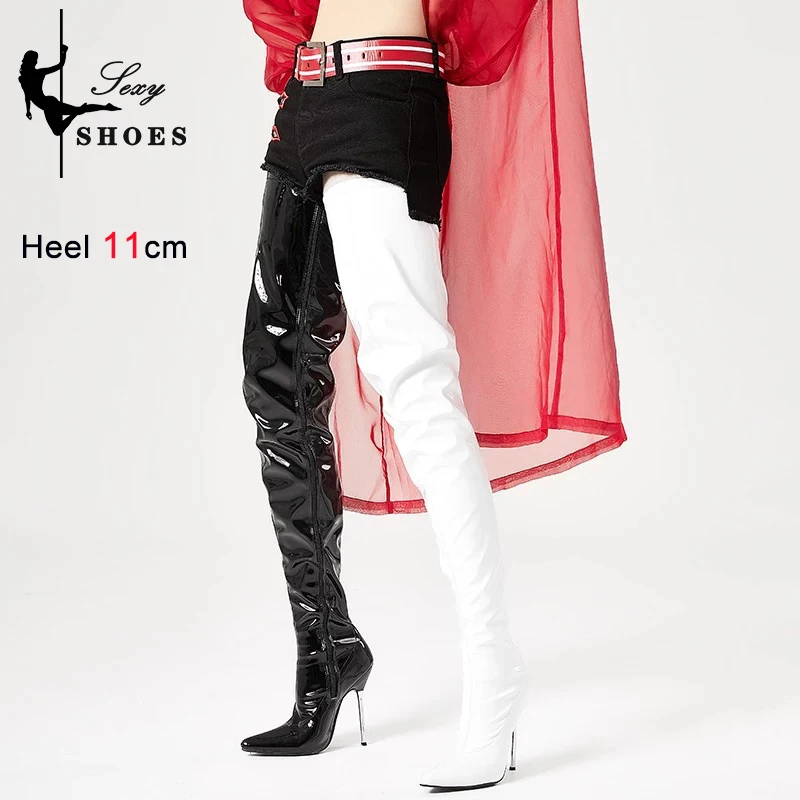 2025 Over-the-knee Shiny Women's Boots Patent Leather Thigh High Boots Girl Shoes Sexy Fetish Zipper Pointed toe 11cm High Heels