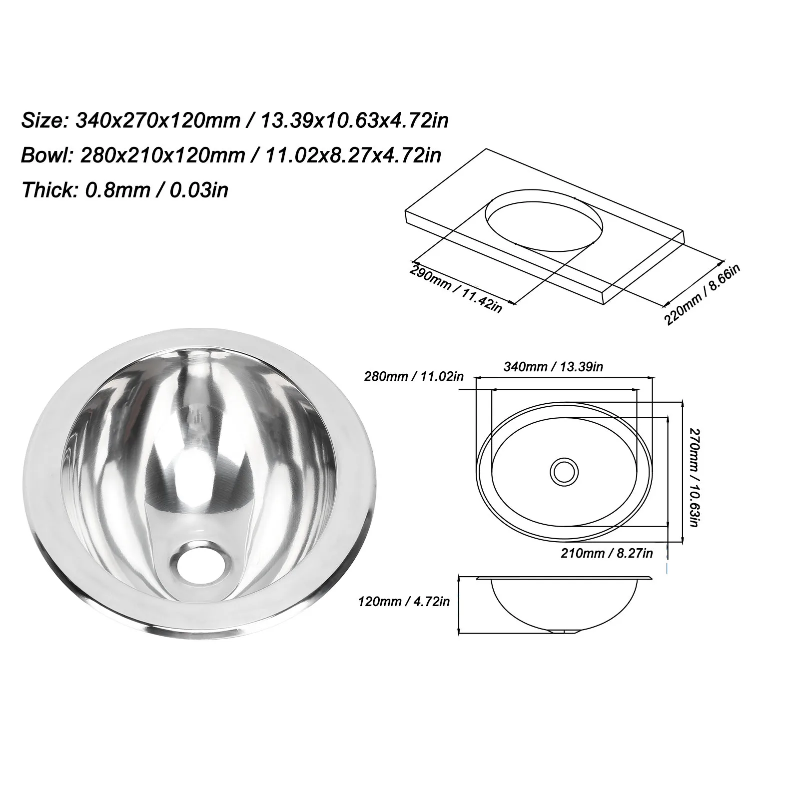 Single Bowl Sink Rustproof Polished Large Capacity Flush Mounting Stainless Steel Round Sink for Boat RV Bathroom
