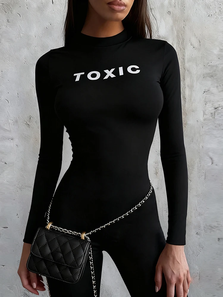 Nibber Stretch Jumpsuit Woman Casual Fashion Letter Print o-Neck Full Sleeve Skinny Daily Simple Basic Sporty Style Overalls