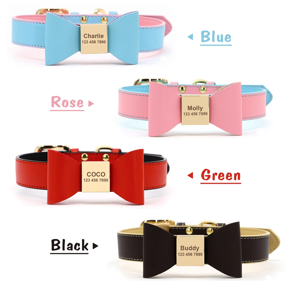 Personalized Dog Collar Cute Bowknot Engraved Dog Collars PU Leather Puppy Cat Necklace Adjustable for Small Medium Large Dogs