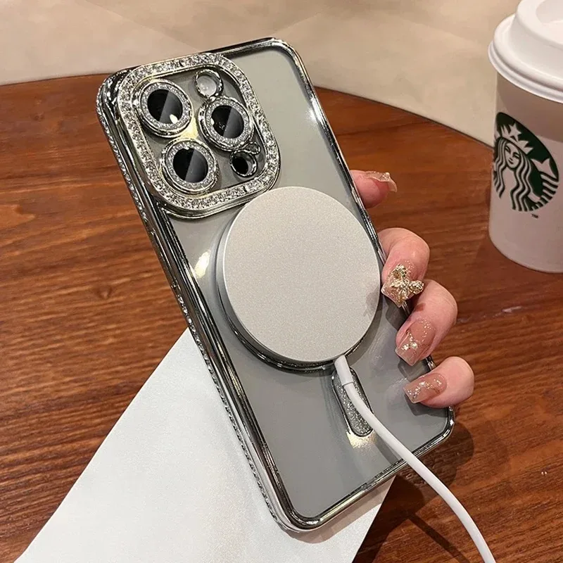 iPhone Case Bling Glitter Rhinestone Magnetic Wireless Charge Shockproof Jewelled Cover for iPhone 16 15 14 13 12 11 Pro Max Plus