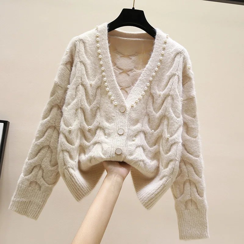 

Autumn Cashmere Knitwears Thin Long Sleeve Cardigan Sweater Winter Soft Warm Vintage Beading V-Neck Cardigan Jacket Jumper 29007