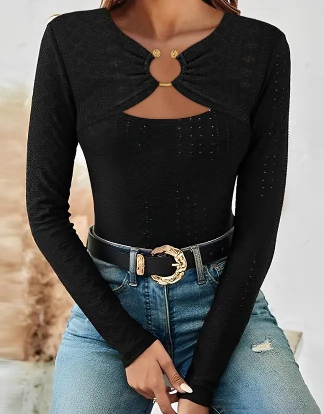 

Women's Fashion Blouses 2023 Autumn Ring Decor Eyelet Embroidery Ruched Top Casual Skinny Long Sleeve Tee Pullover New Clothing