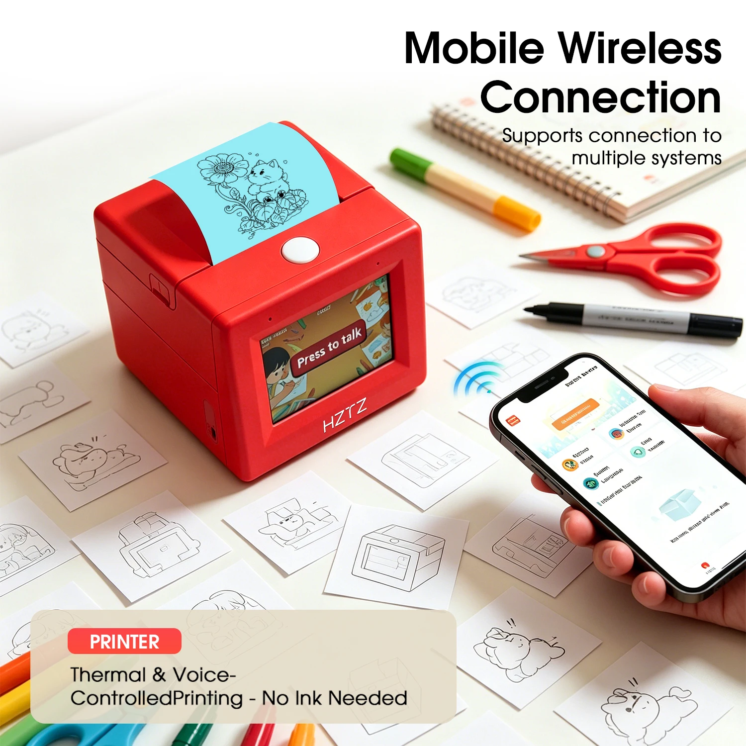 AI 음성 제어 미니 감열 프린터, DIY 노트 사진용 다양한 인쇄 스타일을 갖춘 2.4G Wi-Fi 스마트 프린터