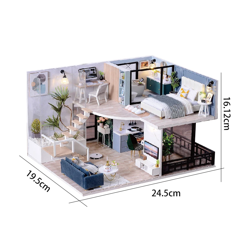 DIY Wooden Miniature Model Kit Girls Modern Loft Casa Doll Houses 3D Puzzle Dollhouse With Furniture LED Lights for Friends Gift 6