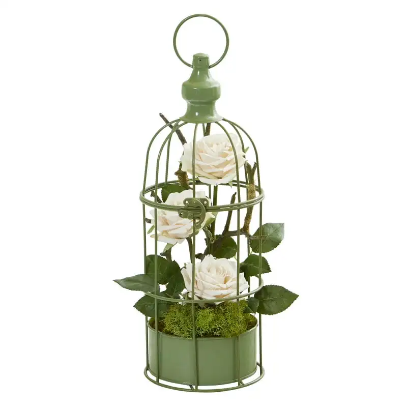 

Triple Rose Artificial Arrangement in Decorative Cage, White