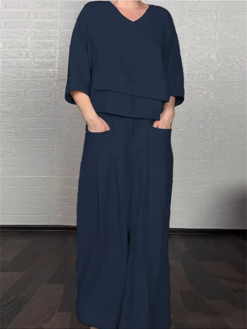 Lady Fashion Casual Loose Solid Suit Cotton Linen Set Three Quarter Sleeve Tops Wide Leg Pants Women Irregular 2 Piece Sets 2025