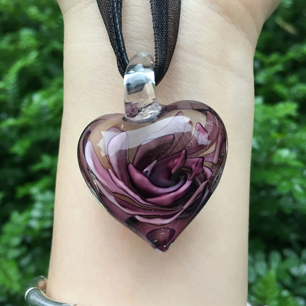 1Set Fashion Pink Glass Muran Floral Love Heart Shape Lampwork