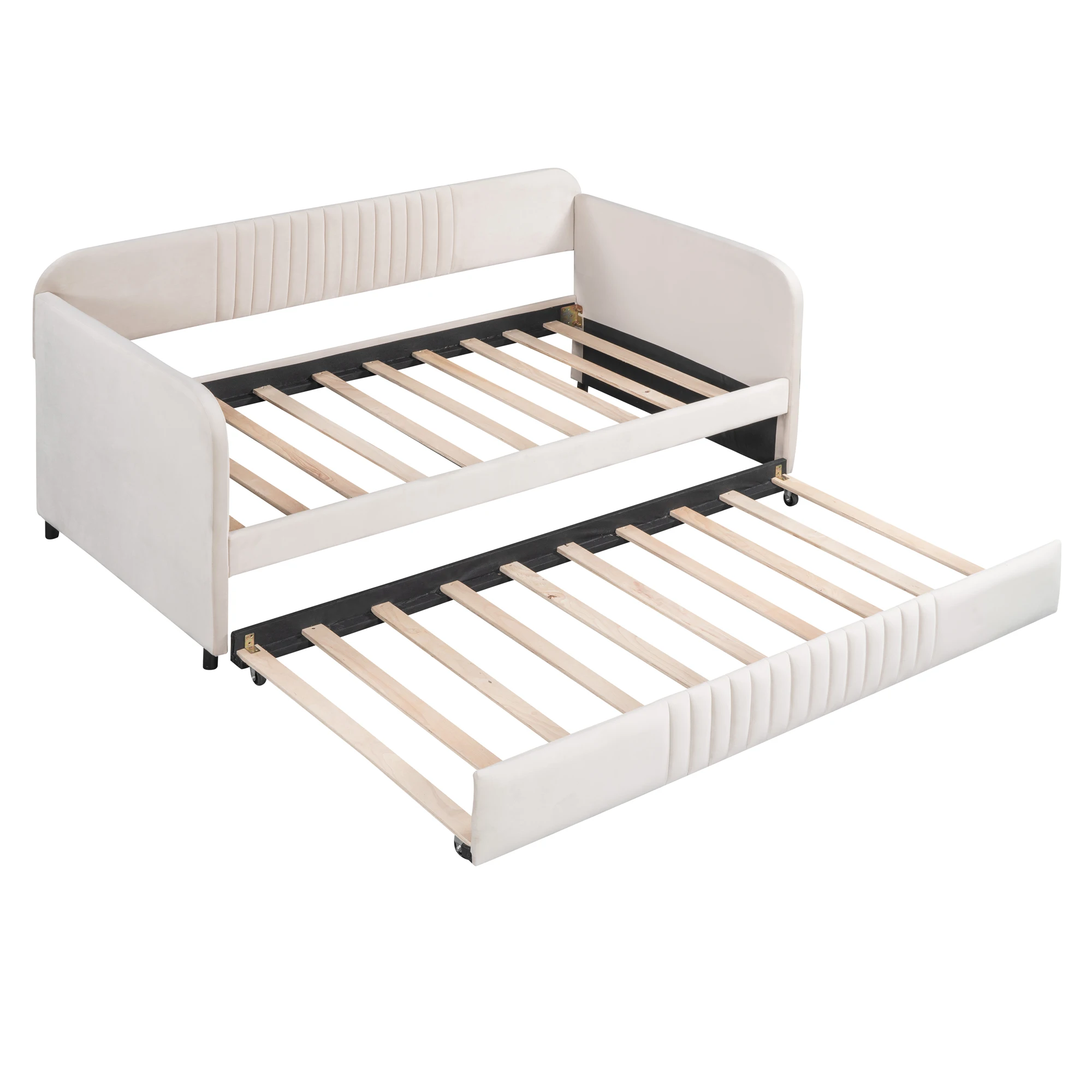 

Upholstered Daybed Sofa Bed Twin Size With Trundle Bed and Wood Slat ,Beige