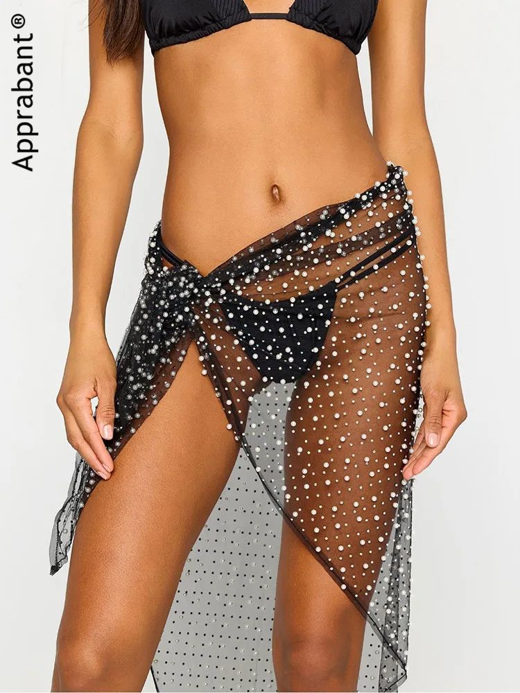 

Apprabant Shiny Diamond Sexy Women Skirt Fashion Pearls Mesh See Through Bandage Irregular Skirts Summer Hot Beachwear Bottoms