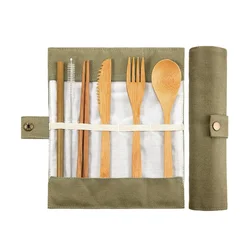 Eco - Friendly Bamboo Travel Cutlery Set with Portable Carrying Case and Bamboo Charcoal Toothbrush (Green)