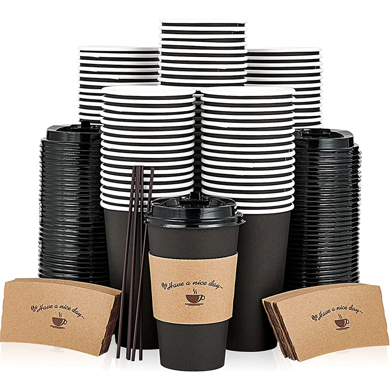 Custom  4oz 8oz 12oz 16oz Disposable Double Wall Gold Foil Stamping Custom Logo All Black Hot Coffee Paper Cup With PS Lid custom 2023 gobest disposable pla cups disposable coffee water based coating cardboard 12oz 8 oz ripple wall paper bowls cups wi