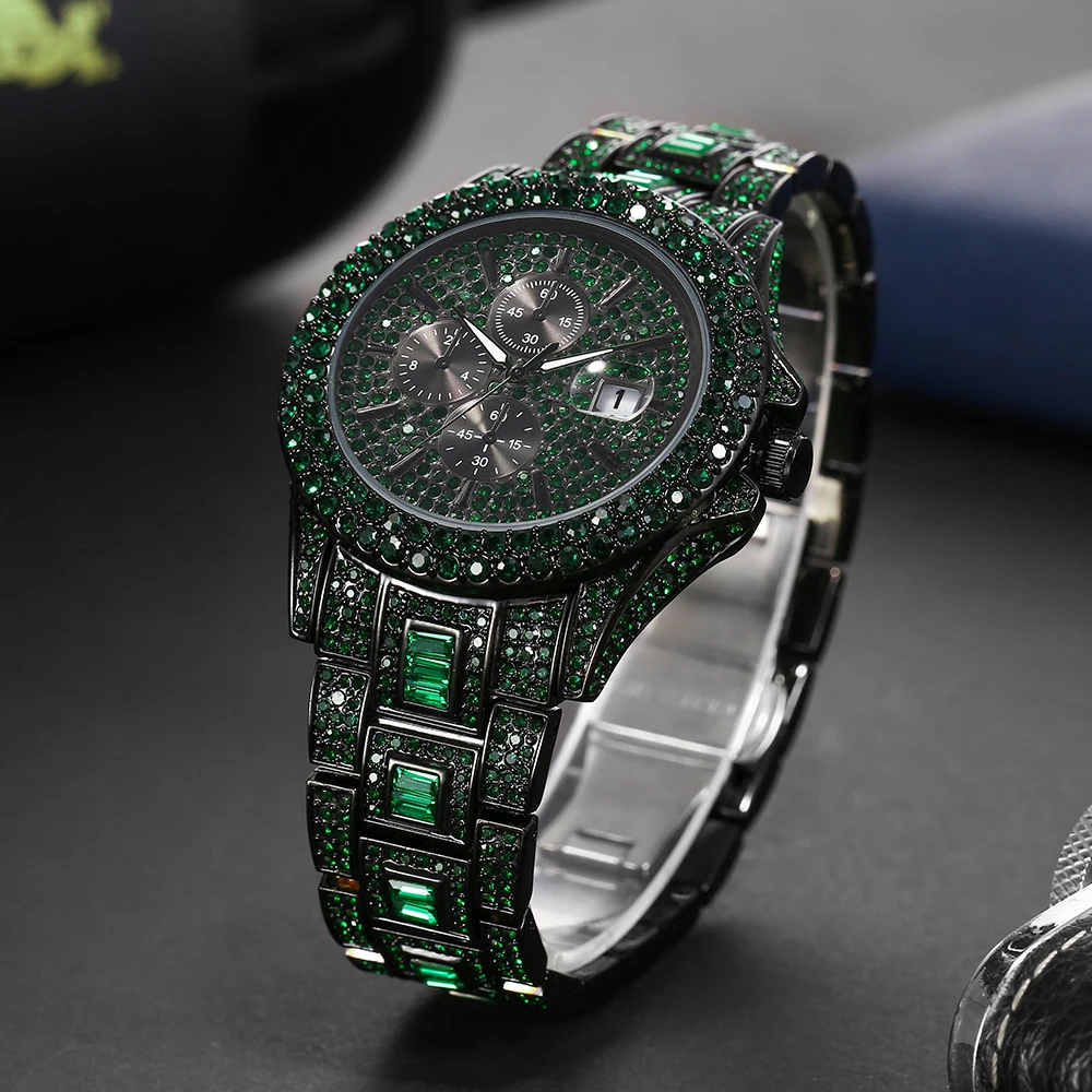 2023 nový design diamant hodinky pro muži luxusní pestrý drahokamu fialový modrá zelená křemen hodinky boky chmel móda iced vyndat hodiny