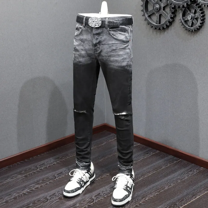 High Street Fashion Men Jeans Retro Black Gray Stretch Skinny Fit Ripped Jeans Men Color Gradation Designer Hip Hop Brand Pants
