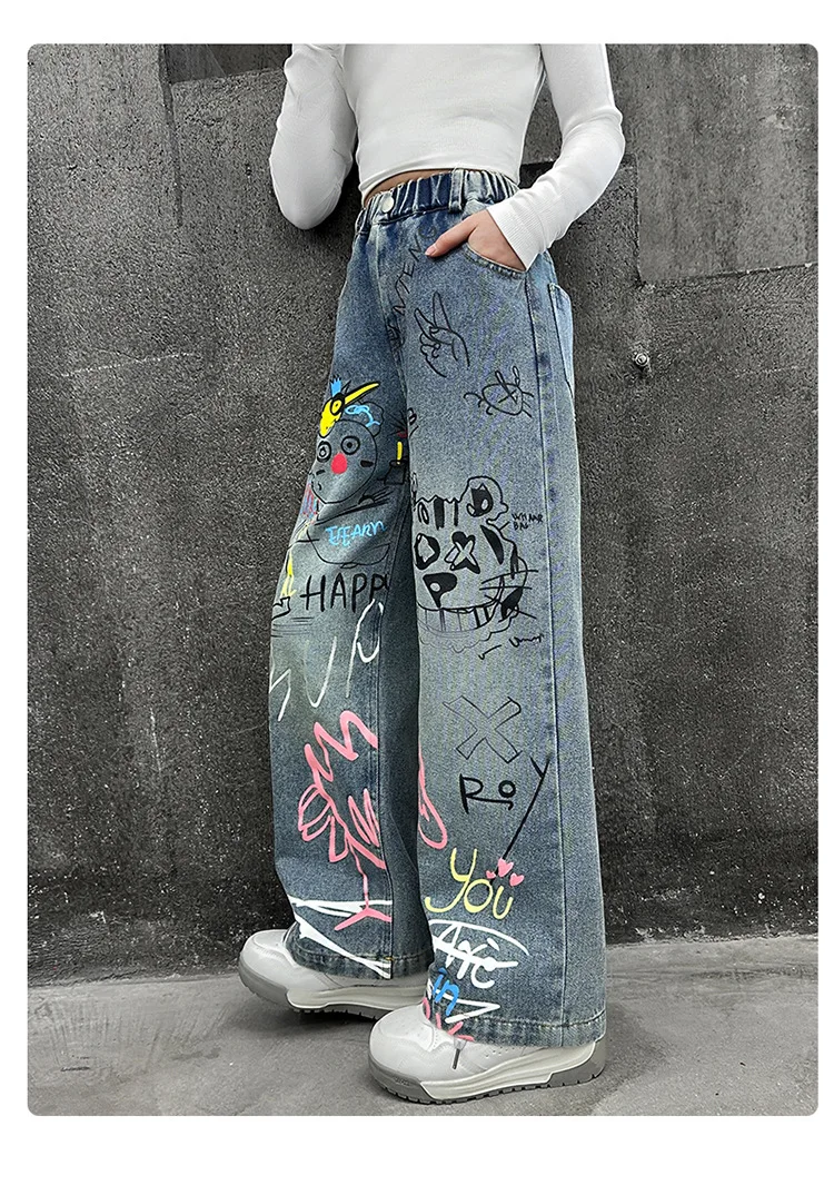تصميم جديد للأطفال مطبوعة الهيب هوب الجينز للفتيات موضة عالية الشارع الشهير الدنيم السراويل الاطفال العصرية الكرتون الجينز السراويل 4-14T