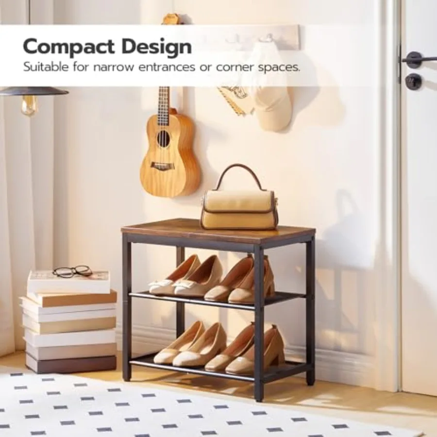 Shoe Bench 3Tier Shoe Rack Industrial Shoe Organizer Storage Bench 19.7 inches Entry Bench with Mesh Shelves for Entryway Livin